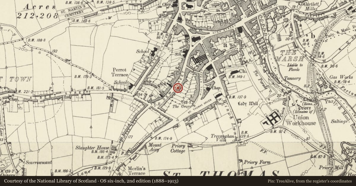 Ordnance Survey six-inch map, 2nd edition (1888–1913) covering the location of 58 Dew Street, Haverfordwest, Pembrokeshire, with a pin at the register's coordinates