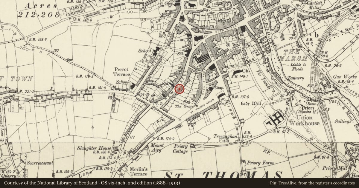 Ordnance Survey six-inch map, 2nd edition (1888–1913) covering the location of 60 Dew Street, Haverfordwest, Pembrokeshire, with a pin at the register's coordinates