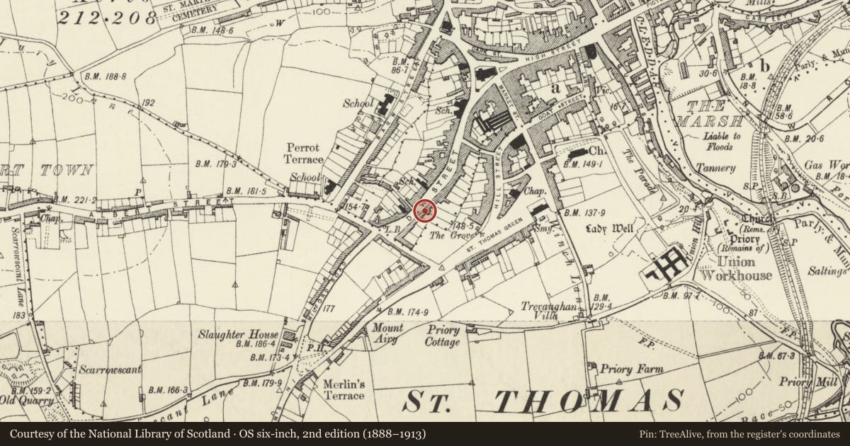 Ordnance Survey six-inch map, 2nd edition (1888–1913) covering the location of Plymouth House, Haverfordwest, Pembrokeshire, with a pin at the register's coordinates