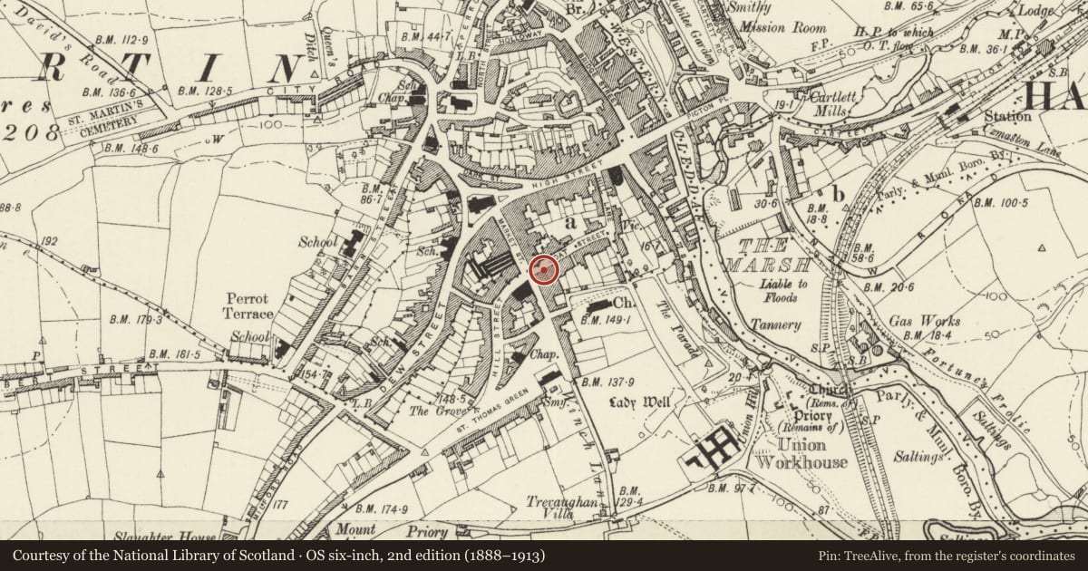 Ordnance Survey six-inch map, 2nd edition (1888–1913) covering the location of Nelson House, Haverfordwest, Pembrokeshire, with a pin at the register's coordinates