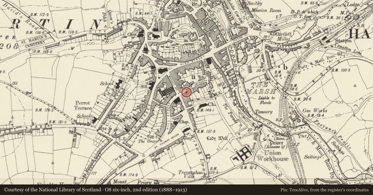 Ordnance Survey six-inch map, 2nd edition (1888–1913) covering the location of More House, Haverfordwest, Pembrokeshire, with a pin at the register's coordinates