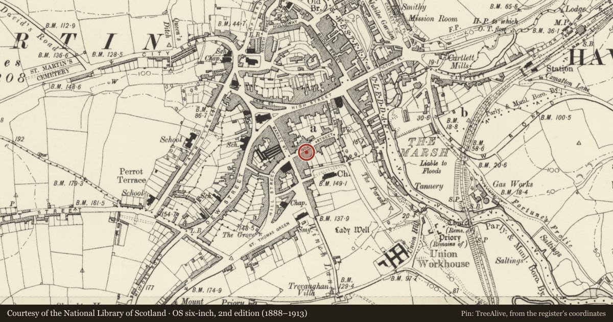 Ordnance Survey six-inch map, 2nd edition (1888–1913) covering the location of Williamston House including area railings, Haverfordwest, Pembrokeshire, with a pin at the register's coordinates