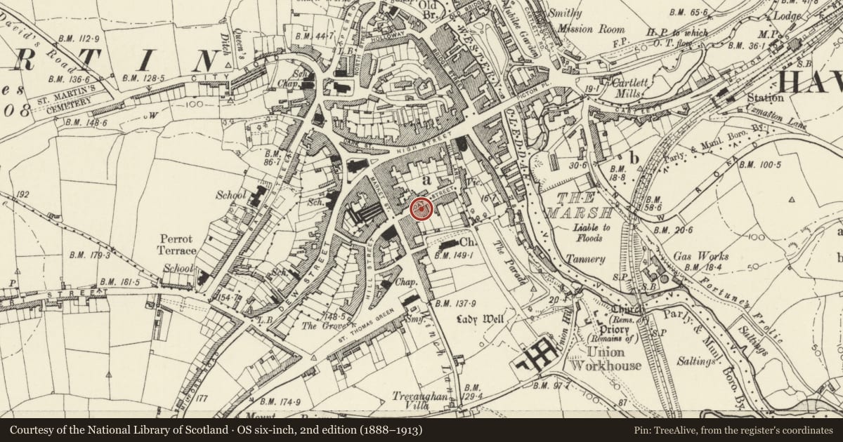 Ordnance Survey six-inch map, 2nd edition (1888–1913) covering the location of Clive House including area railings, Haverfordwest, Pembrokeshire, with a pin at the register's coordinates