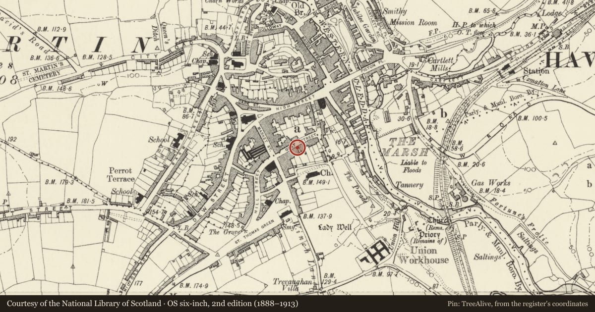 Ordnance Survey six-inch map, 2nd edition (1888–1913) covering the location of Two warehouses between Nos. 11 and 13 Goat Street, Haverfordwest, Pembrokeshire, with a pin at the register's coordinates