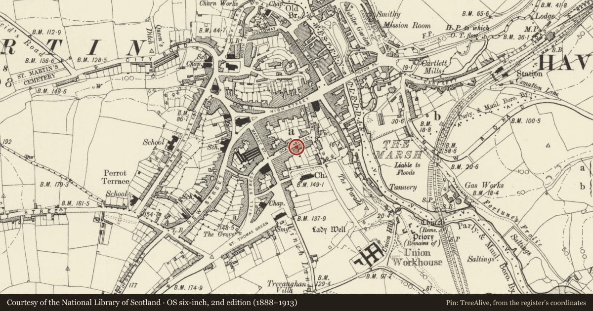 Ordnance Survey six-inch map, 2nd edition (1888–1913) covering the location of 13 Goat Street, Haverfordwest, Pembrokeshire, with a pin at the register's coordinates