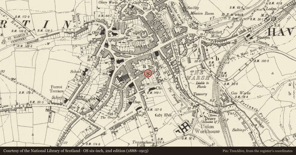 Ordnance Survey six-inch map, 2nd edition (1888–1913) covering the location of 15 Goat Street, Haverfordwest, Pembrokeshire, with a pin at the register's coordinates
