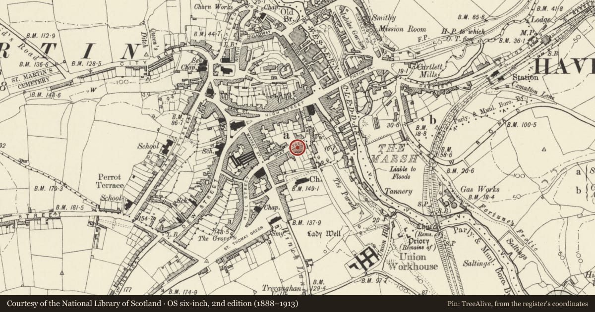 Ordnance Survey six-inch map, 2nd edition (1888–1913) covering the location of Orielton House, Haverfordwest, Pembrokeshire, with a pin at the register's coordinates