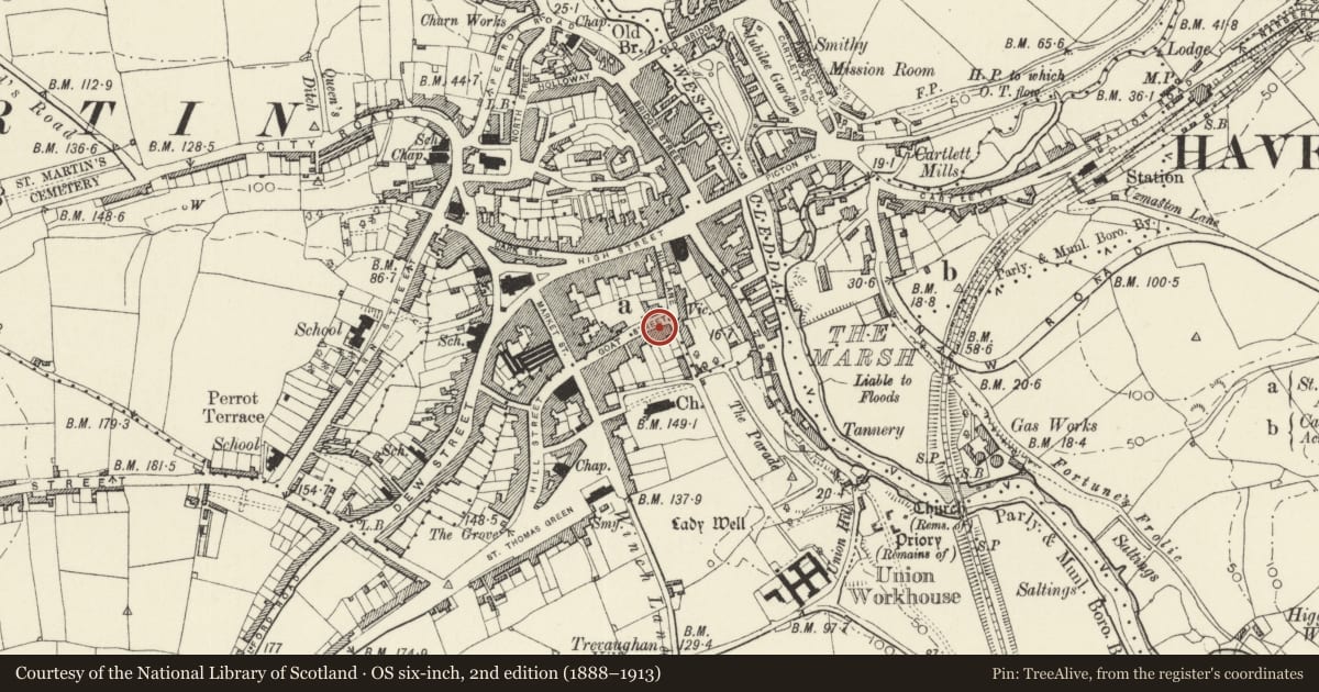 Ordnance Survey six-inch map, 2nd edition (1888–1913) covering the location of 23 Goat Street, Haverfordwest, Pembrokeshire, with a pin at the register's coordinates