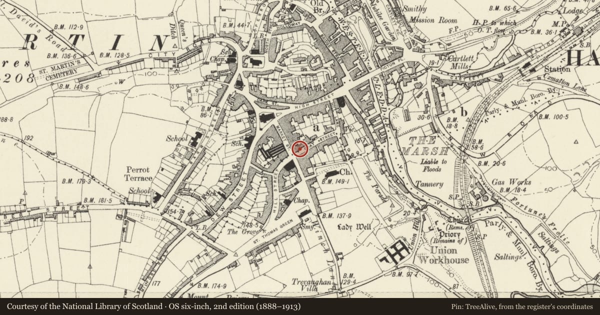 Ordnance Survey six-inch map, 2nd edition (1888–1913) covering the location of Walden House, Haverfordwest, Pembrokeshire, with a pin at the register's coordinates