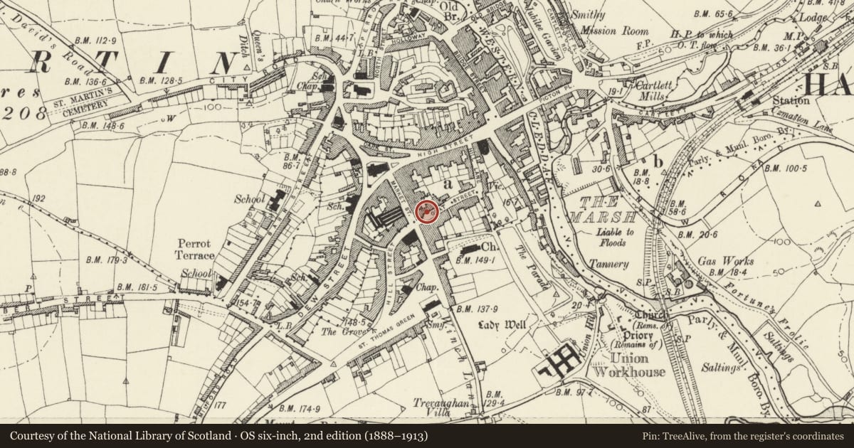 Ordnance Survey six-inch map, 2nd edition (1888–1913) covering the location of Nos 6 and 6a Goat Street, Haverfordwest, Pembrokeshire, with a pin at the register's coordinates