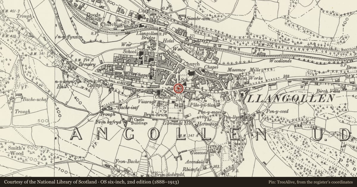 Ordnance Survey six-inch map, 2nd edition (1888–1913) covering the location of 10 Regent Street, Llangollen, Denbighshire, with a pin at the register's coordinates
