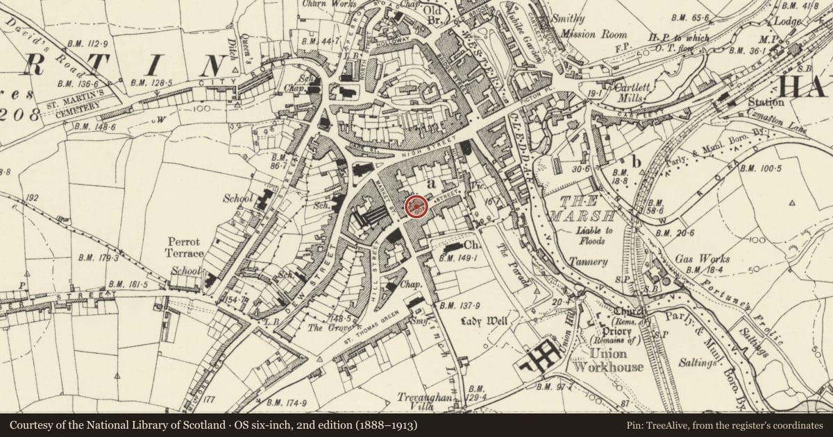 Ordnance Survey six-inch map, 2nd edition (1888–1913) covering the location of 8 Goat Street, Haverfordwest, Pembrokeshire, with a pin at the register's coordinates