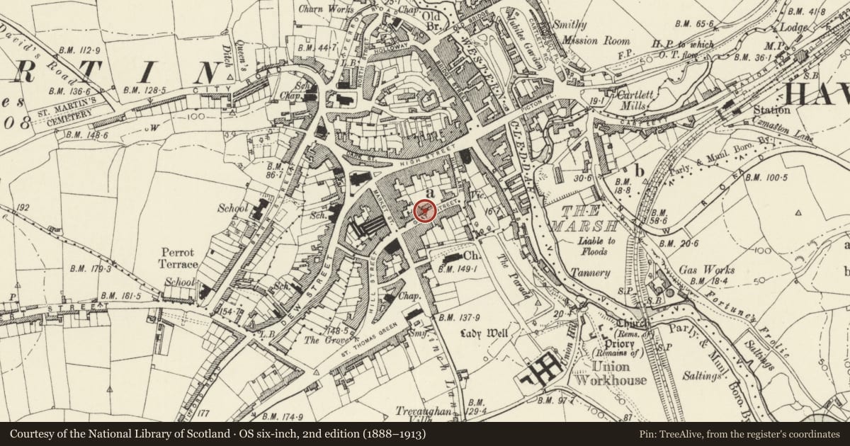 Ordnance Survey six-inch map, 2nd edition (1888–1913) covering the location of Building to W of Foley House, Haverfordwest, Pembrokeshire, with a pin at the register's coordinates