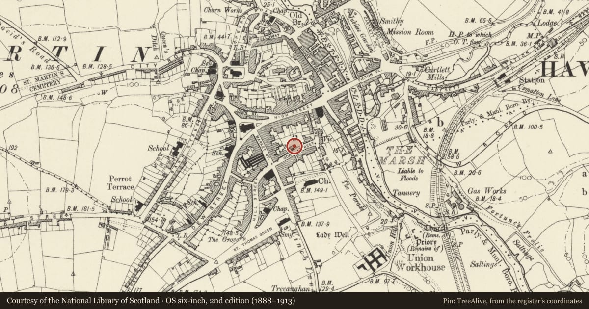 Ordnance Survey six-inch map, 2nd edition (1888–1913) covering the location of Foley House, Haverfordwest, Pembrokeshire, with a pin at the register's coordinates