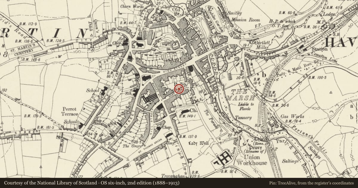 Ordnance Survey six-inch map, 2nd edition (1888–1913) covering the location of Boundary wall to Foley House, Haverfordwest, Pembrokeshire, with a pin at the register's coordinates