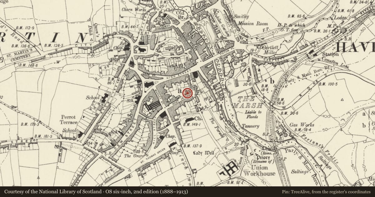 Ordnance Survey six-inch map, 2nd edition (1888–1913) covering the location of No. 16 Goat Street and garage to left, Haverfordwest, Pembrokeshire, with a pin at the register's coordinates
