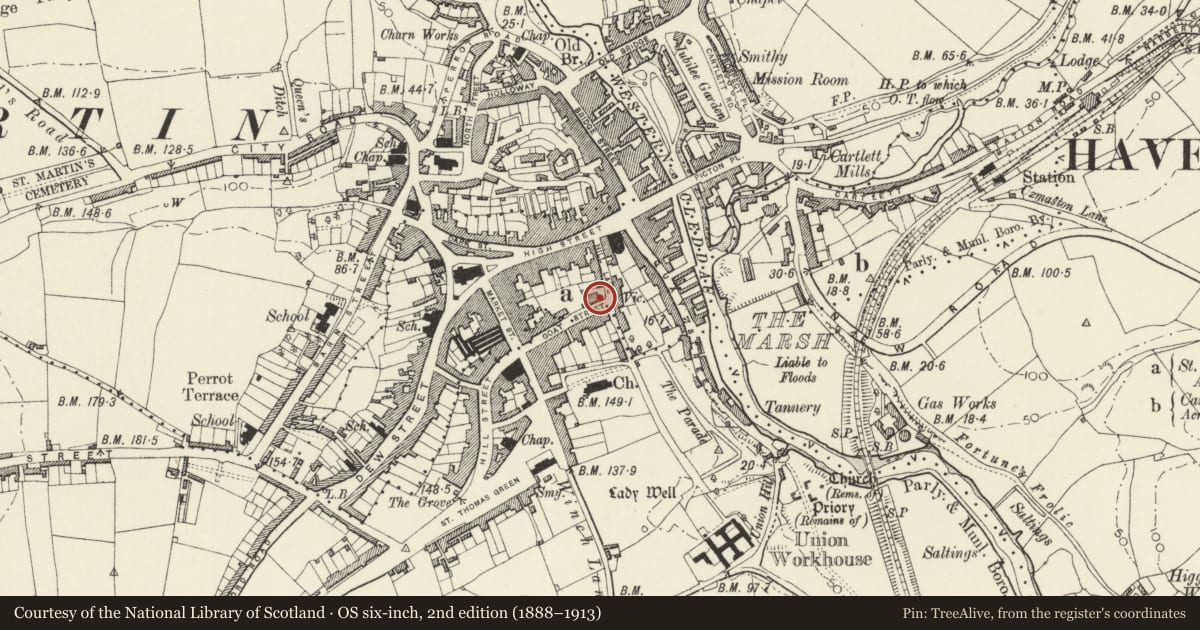 Ordnance Survey six-inch map, 2nd edition (1888–1913) covering the location of 20 Goat Street, Haverfordwest, Pembrokeshire, with a pin at the register's coordinates