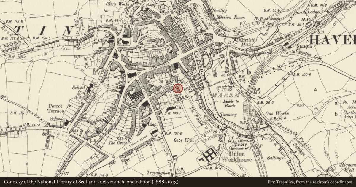 Ordnance Survey six-inch map, 2nd edition (1888–1913) covering the location of Hermon's Hill House, Haverfordwest, Pembrokeshire, with a pin at the register's coordinates