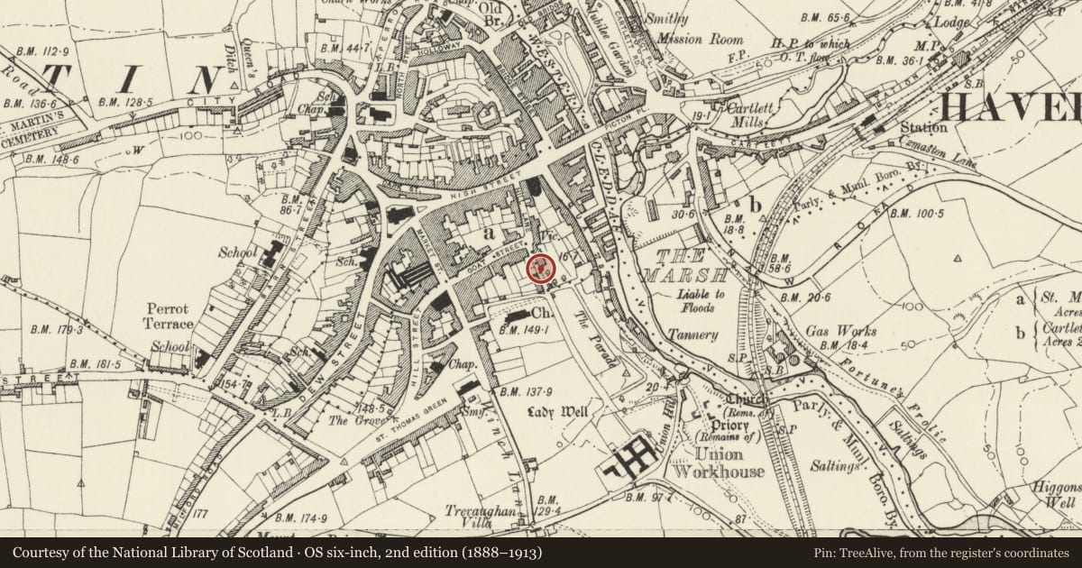 Ordnance Survey six-inch map, 2nd edition (1888–1913) covering the location of Boundary wall enclosing grounds to Hermon's Hill House on W, S and E sides, Haverfordwest, Pembrokeshire, with a pin at the register's coordinates