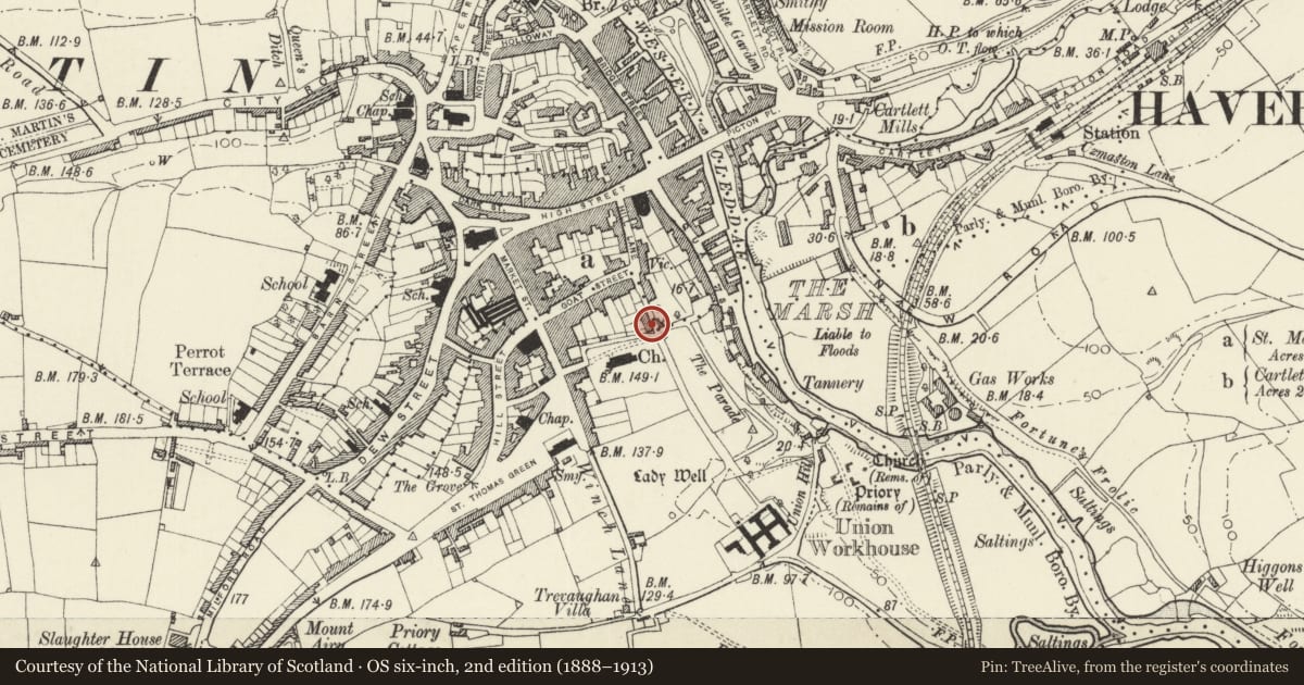 Ordnance Survey six-inch map, 2nd edition (1888–1913) covering the location of 6 Hermon's Hill, Haverfordwest, Pembrokeshire, with a pin at the register's coordinates