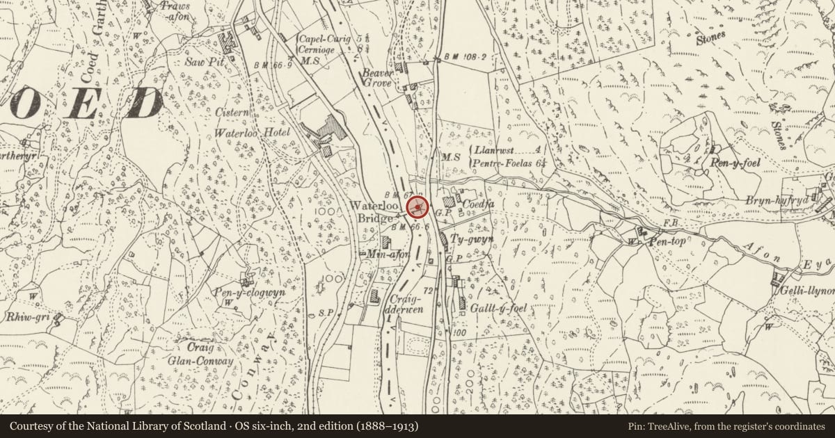 Ordnance Survey six-inch map, 2nd edition (1888–1913) covering the location of Waterloo Bridge, Bro Garmon, Conwy, with a pin at the register's coordinates