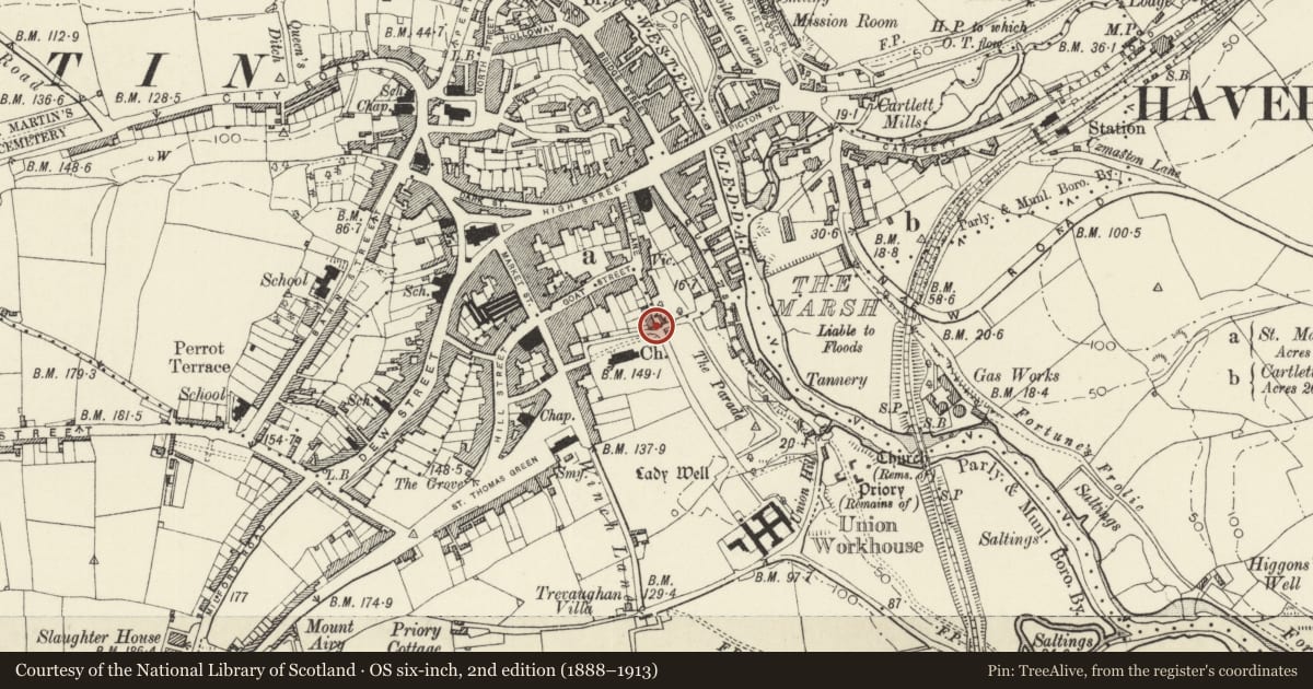 Ordnance Survey six-inch map, 2nd edition (1888–1913) covering the location of 7 Hermon's Hill, Haverfordwest, Pembrokeshire, with a pin at the register's coordinates