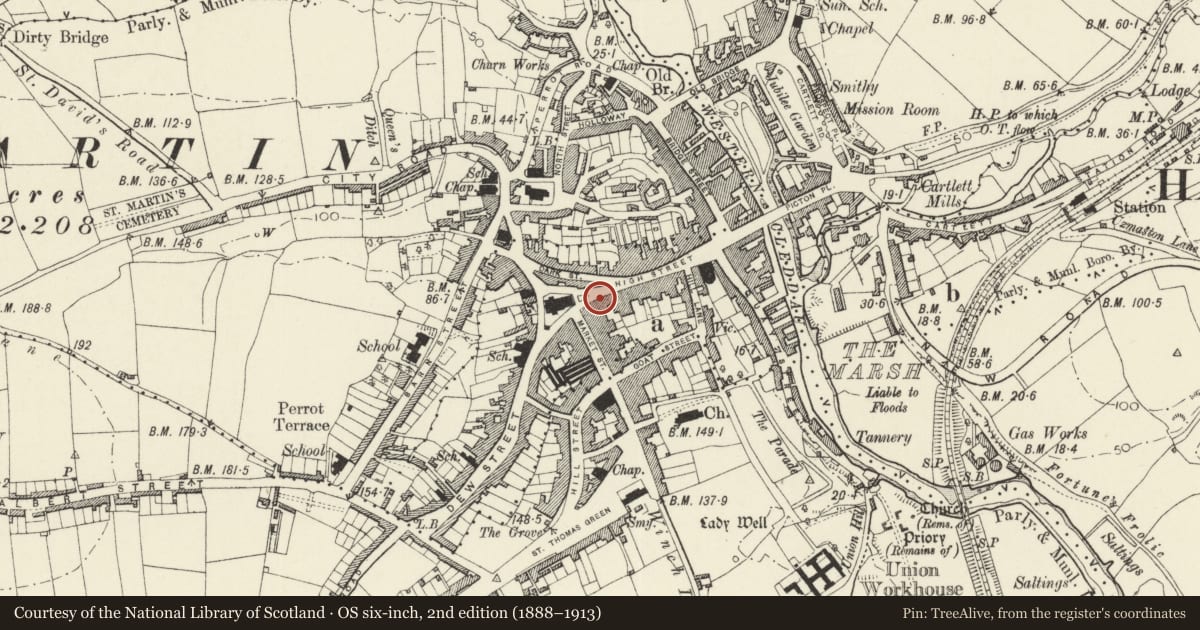 Ordnance Survey six-inch map, 2nd edition (1888–1913) covering the location of 7 High Street, Haverfordwest, Pembrokeshire, with a pin at the register's coordinates