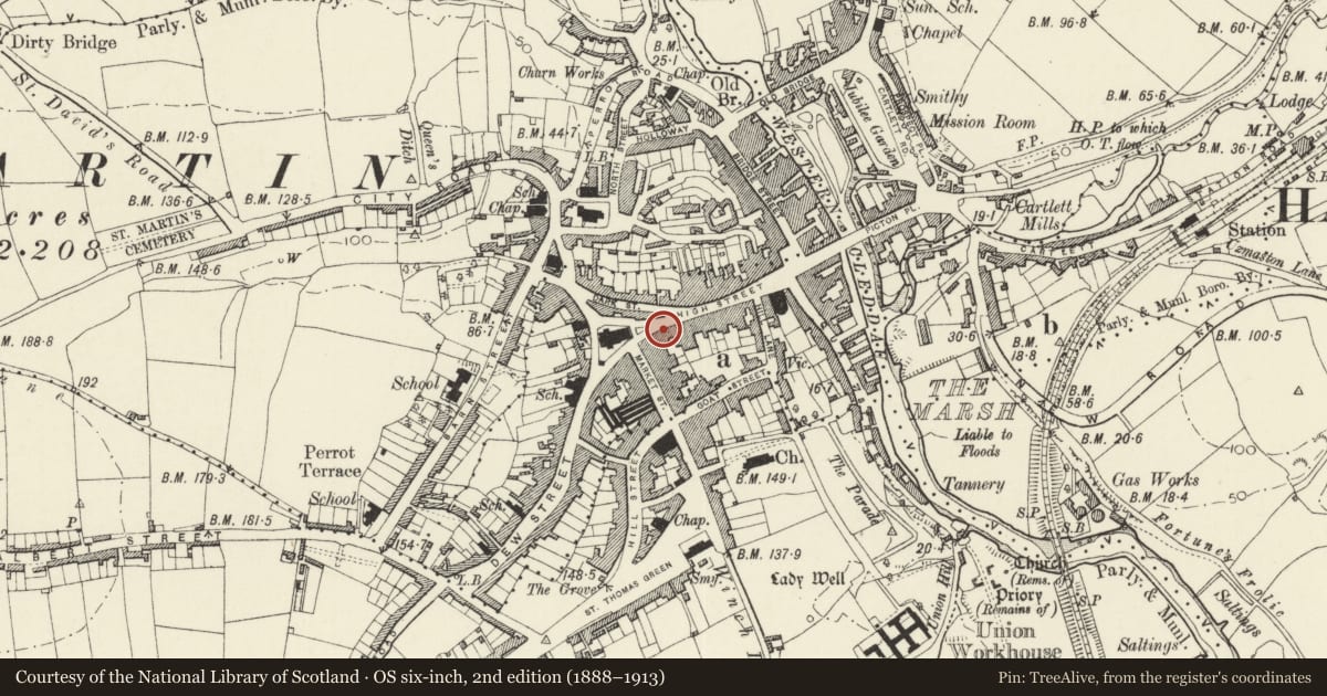 Ordnance Survey six-inch map, 2nd edition (1888–1913) covering the location of 9 High Street, Haverfordwest, Pembrokeshire, with a pin at the register's coordinates