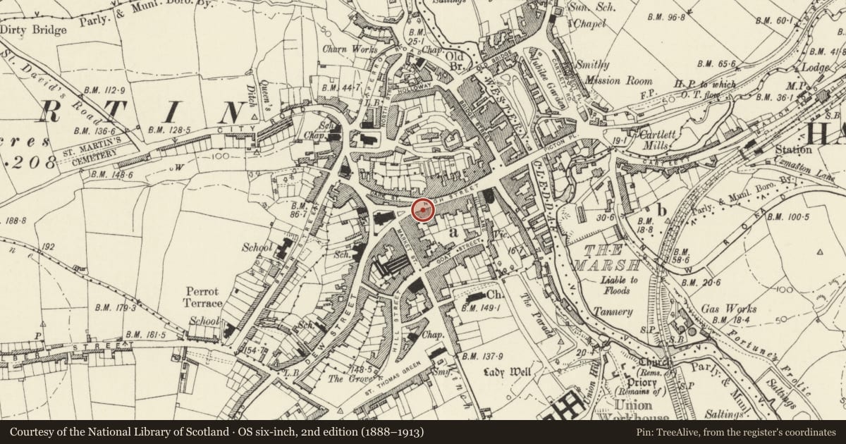 Ordnance Survey six-inch map, 2nd edition (1888–1913) covering the location of 15 High Street, Haverfordwest, Pembrokeshire, with a pin at the register's coordinates