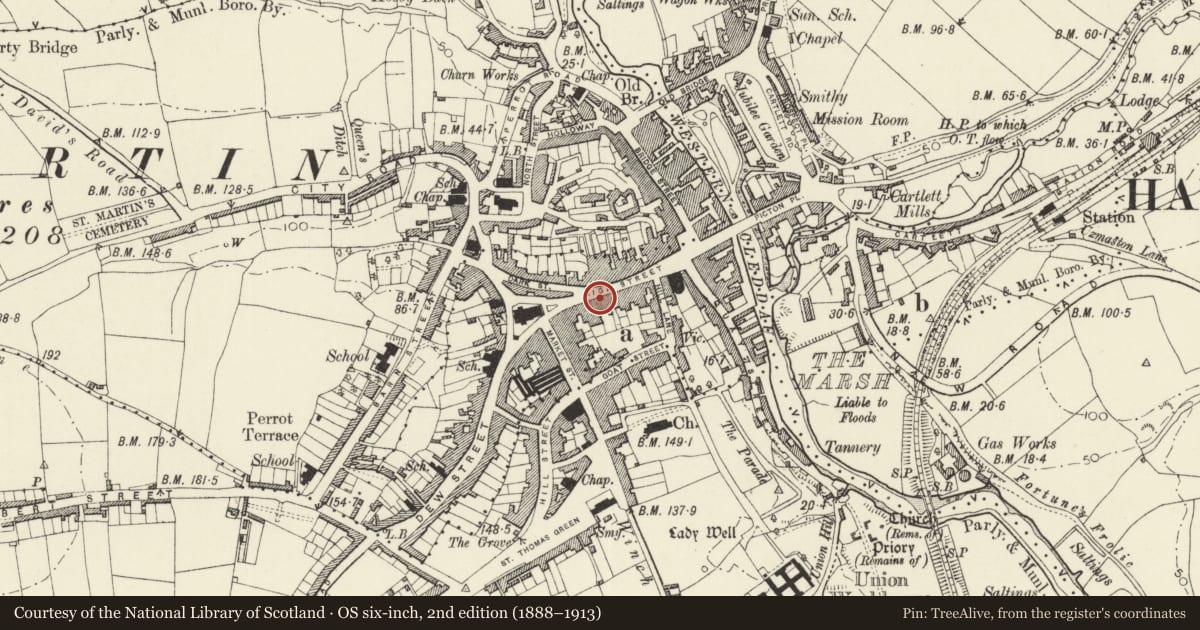 Ordnance Survey six-inch map, 2nd edition (1888–1913) covering the location of 19 High Street, Haverfordwest, Pembrokeshire, with a pin at the register's coordinates