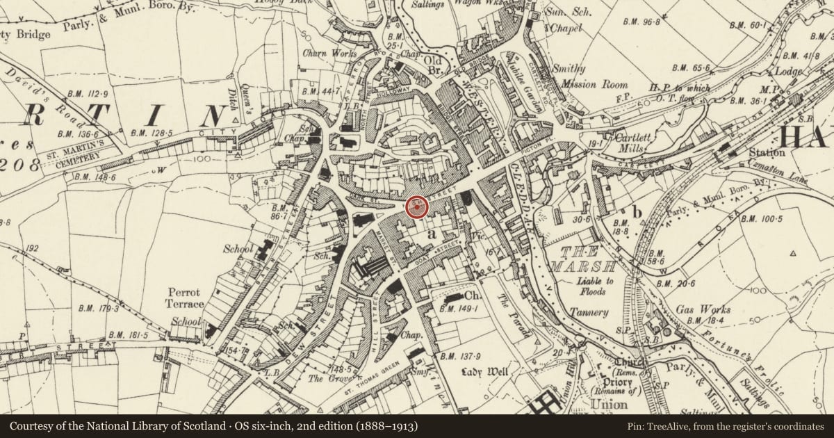 Ordnance Survey six-inch map, 2nd edition (1888–1913) covering the location of 21 High Street, Haverfordwest, Pembrokeshire, with a pin at the register's coordinates