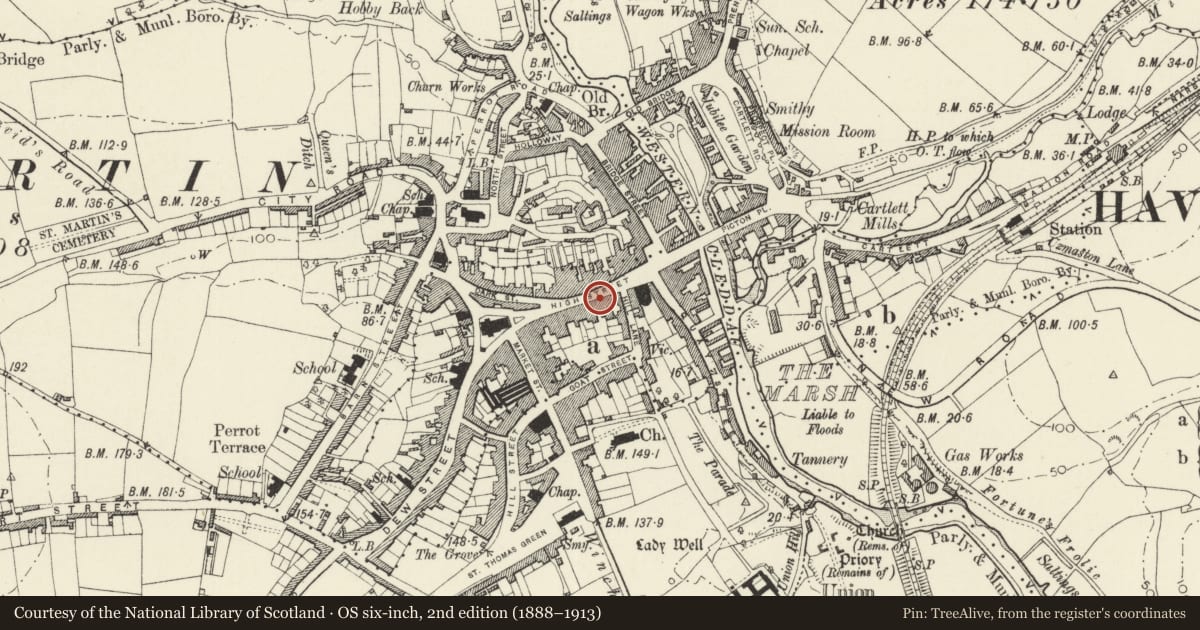 Ordnance Survey six-inch map, 2nd edition (1888–1913) covering the location of 35 High Street, Haverfordwest, Pembrokeshire, with a pin at the register's coordinates
