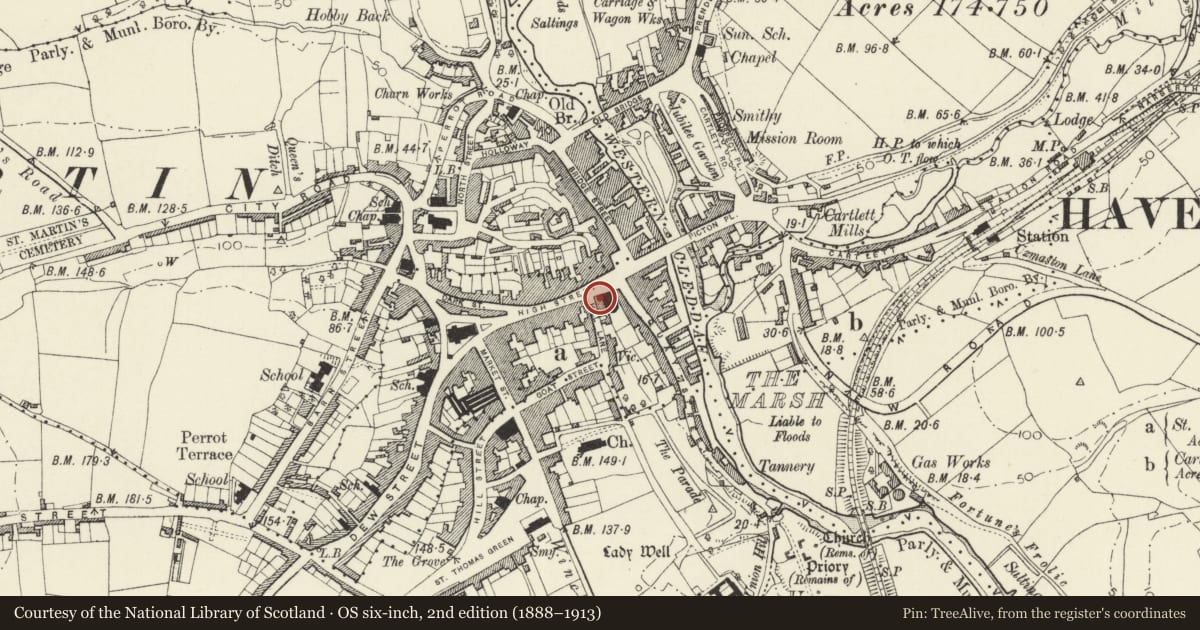 Ordnance Survey six-inch map, 2nd edition (1888–1913) covering the location of 45 High Street, Haverfordwest, Pembrokeshire, with a pin at the register's coordinates