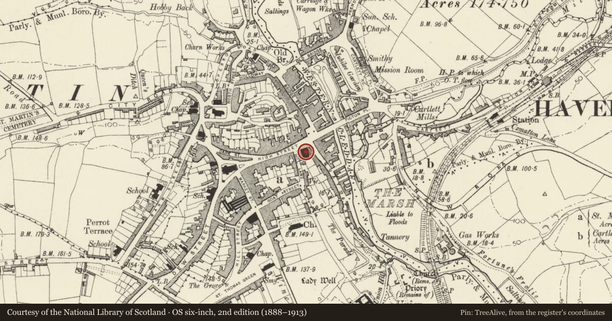 Ordnance Survey six-inch map, 2nd edition (1888–1913) covering the location of The Shire Hall, Haverfordwest, Pembrokeshire, with a pin at the register's coordinates