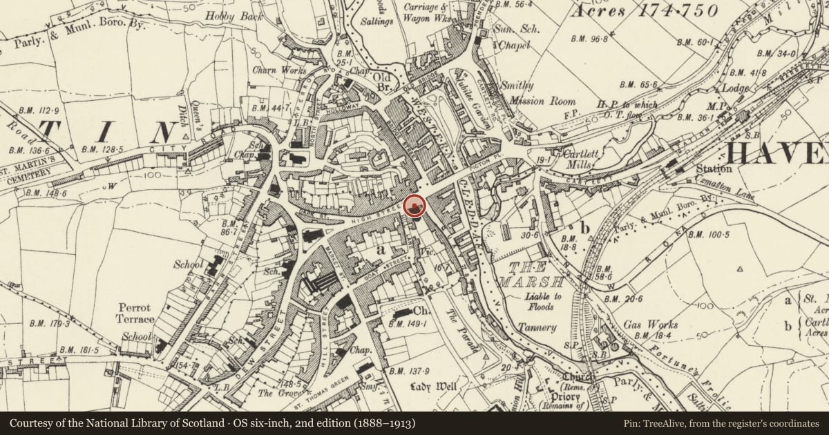 Ordnance Survey six-inch map, 2nd edition (1888–1913) covering the location of Railings, gates, steps and retaining wall to the Shire Hall, Haverfordwest, Pembrokeshire, with a pin at the register's coordinates