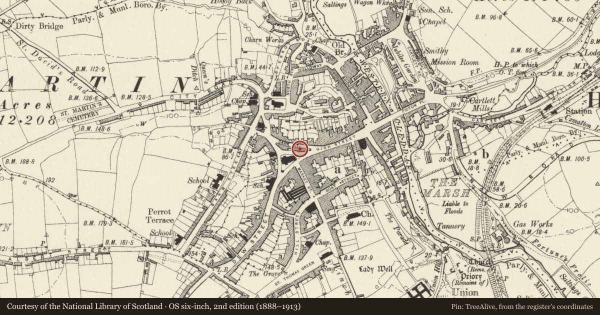 Ordnance Survey six-inch map, 2nd edition (1888–1913) covering the location of 2 High Street, Haverfordwest, Pembrokeshire, with a pin at the register's coordinates