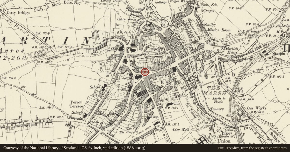 Ordnance Survey six-inch map, 2nd edition (1888–1913) covering the location of 4 High Street, Haverfordwest, Pembrokeshire, with a pin at the register's coordinates