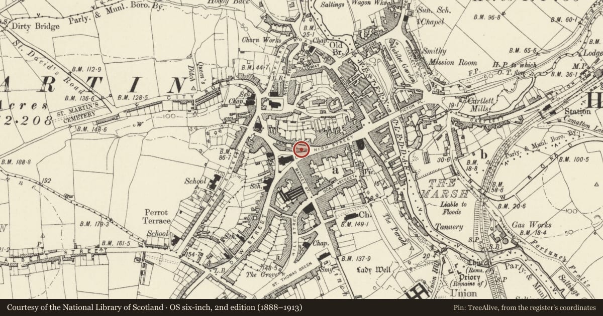 Ordnance Survey six-inch map, 2nd edition (1888–1913) covering the location of 6 High Street, Haverfordwest, Pembrokeshire, with a pin at the register's coordinates
