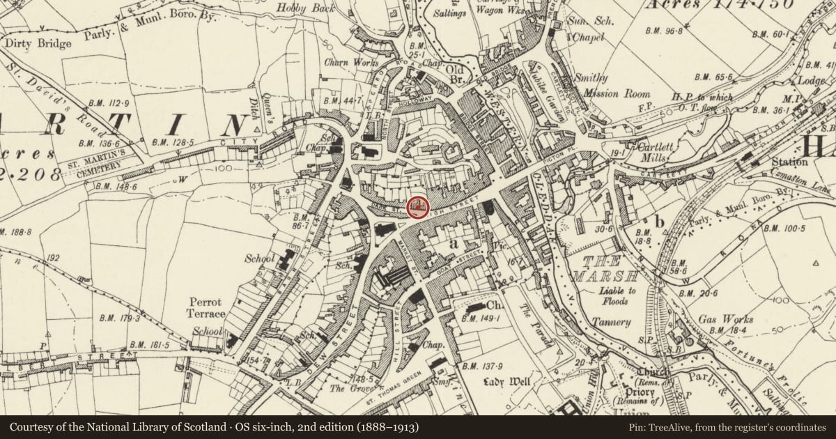 Ordnance Survey six-inch map, 2nd edition (1888–1913) covering the location of 12 High Street, Haverfordwest, Pembrokeshire, with a pin at the register's coordinates