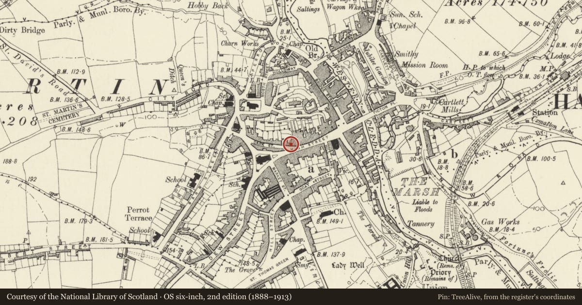 Ordnance Survey six-inch map, 2nd edition (1888–1913) covering the location of 14 High Street, Haverfordwest, Pembrokeshire, with a pin at the register's coordinates