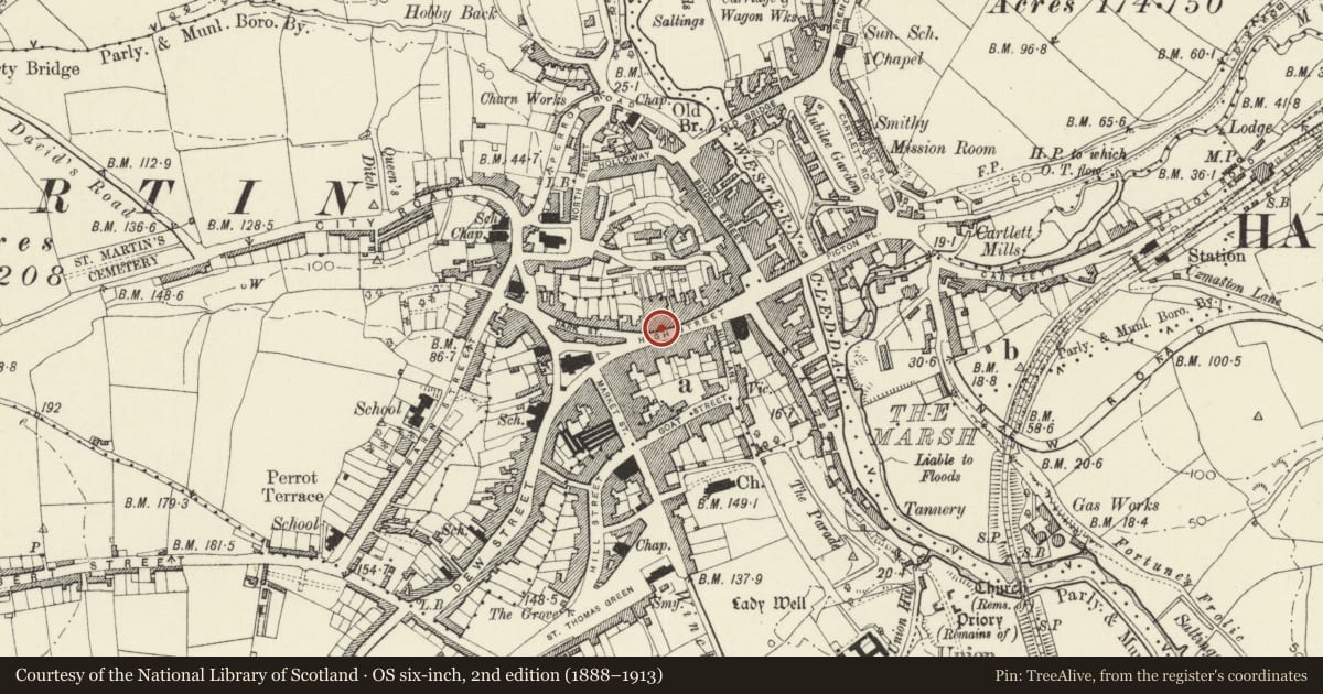 Ordnance Survey six-inch map, 2nd edition (1888–1913) covering the location of 22 High Street, Haverfordwest, Pembrokeshire, with a pin at the register's coordinates