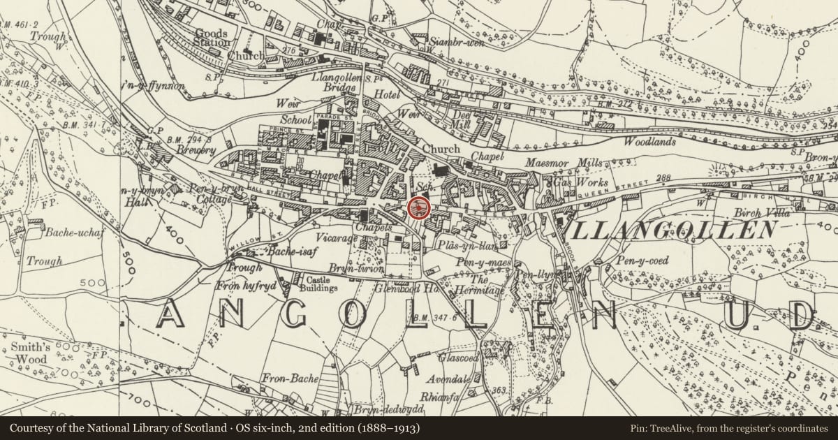 Ordnance Survey six-inch map, 2nd edition (1888–1913) covering the location of 16 Regent Street, Llangollen, Denbighshire, with a pin at the register's coordinates