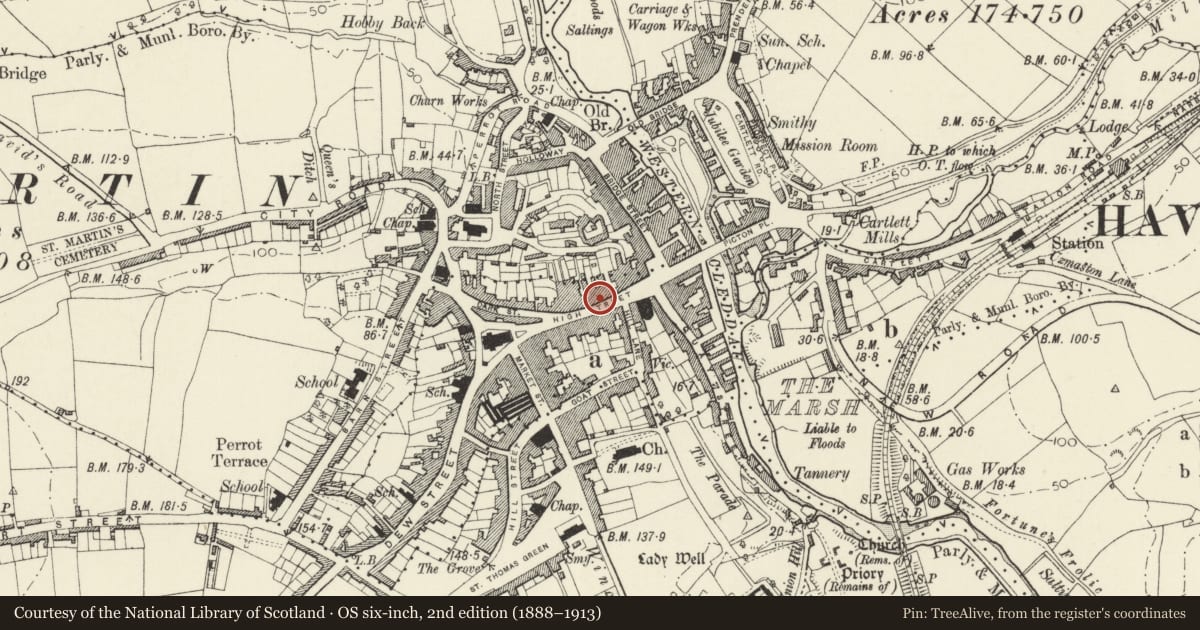 Ordnance Survey six-inch map, 2nd edition (1888–1913) covering the location of Barclay's Bank, Haverfordwest, Pembrokeshire, with a pin at the register's coordinates