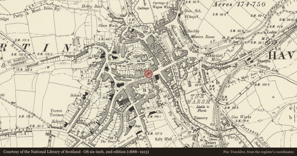 Ordnance Survey six-inch map, 2nd edition (1888–1913) covering the location of Nos. 36 and 38 High Street, Haverfordwest, Pembrokeshire, with a pin at the register's coordinates