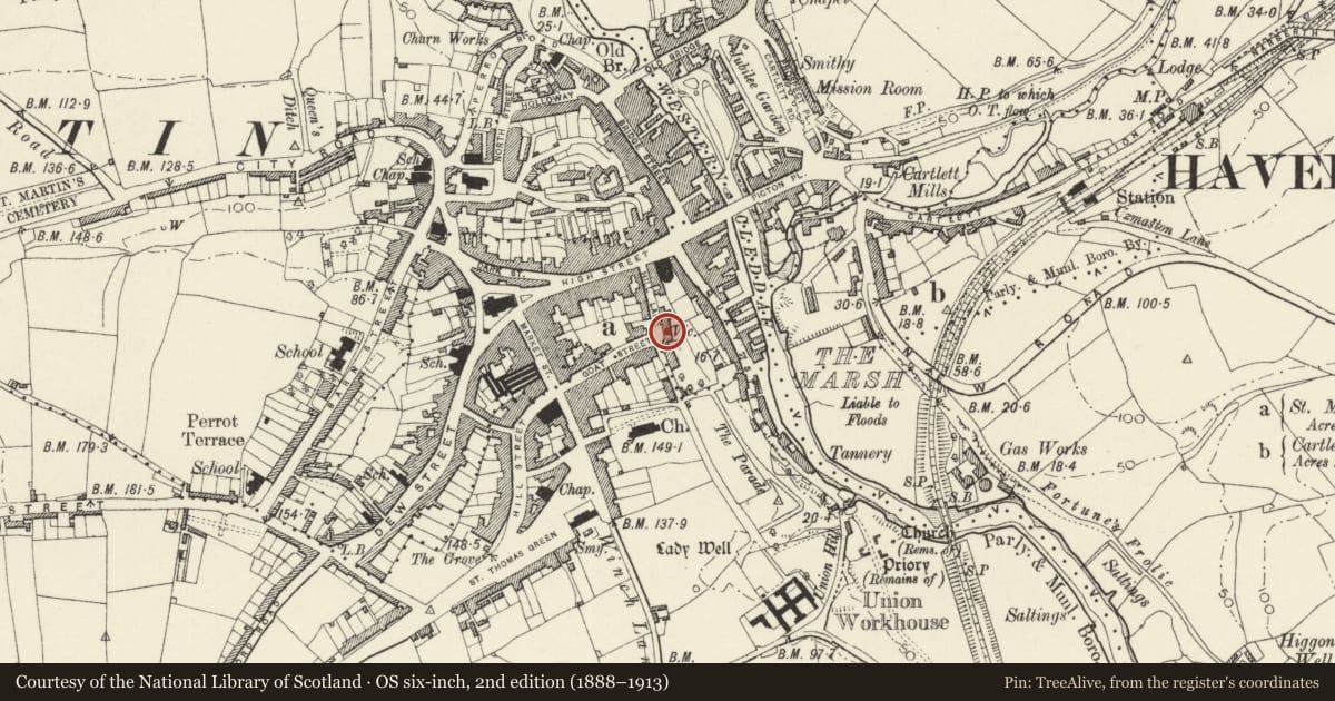 Ordnance Survey six-inch map, 2nd edition (1888–1913) covering the location of The Old St. Mary's Vicarage, Haverfordwest, Pembrokeshire, with a pin at the register's coordinates