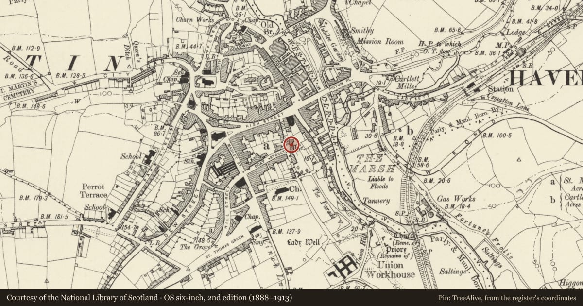 Ordnance Survey six-inch map, 2nd edition (1888–1913) covering the location of Hilltop, Haverfordwest, Pembrokeshire, with a pin at the register's coordinates