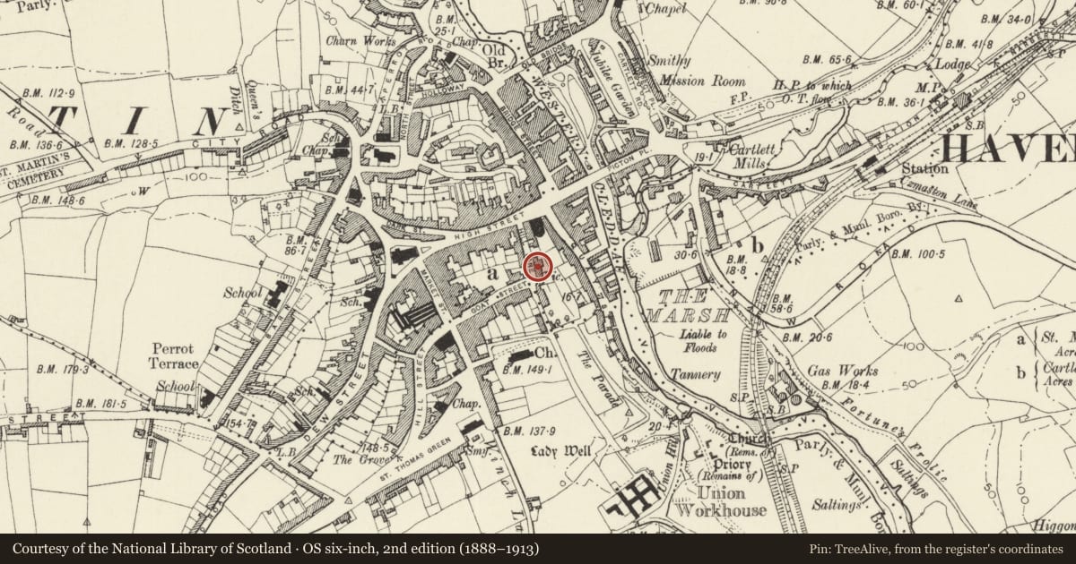 Ordnance Survey six-inch map, 2nd edition (1888–1913) covering the location of Emlyn House, Haverfordwest, Pembrokeshire, with a pin at the register's coordinates