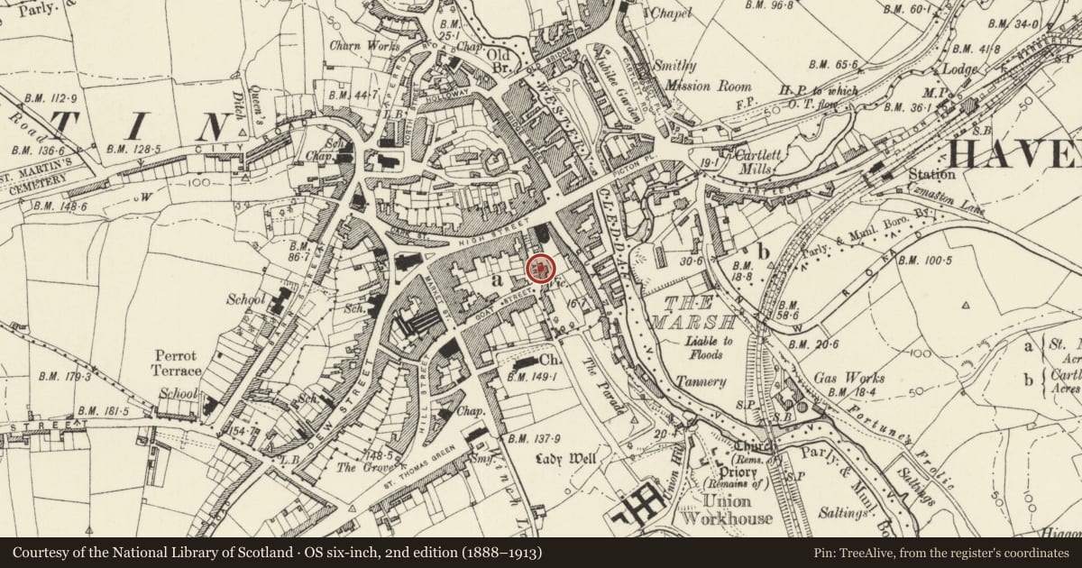 Ordnance Survey six-inch map, 2nd edition (1888–1913) covering the location of 33 Hill Lane, Haverfordwest, Pembrokeshire, with a pin at the register's coordinates