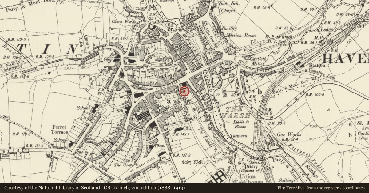 Ordnance Survey six-inch map, 2nd edition (1888–1913) covering the location of Gazebo to NE of No. 33 Hill Lane, Haverfordwest, Pembrokeshire, with a pin at the register's coordinates