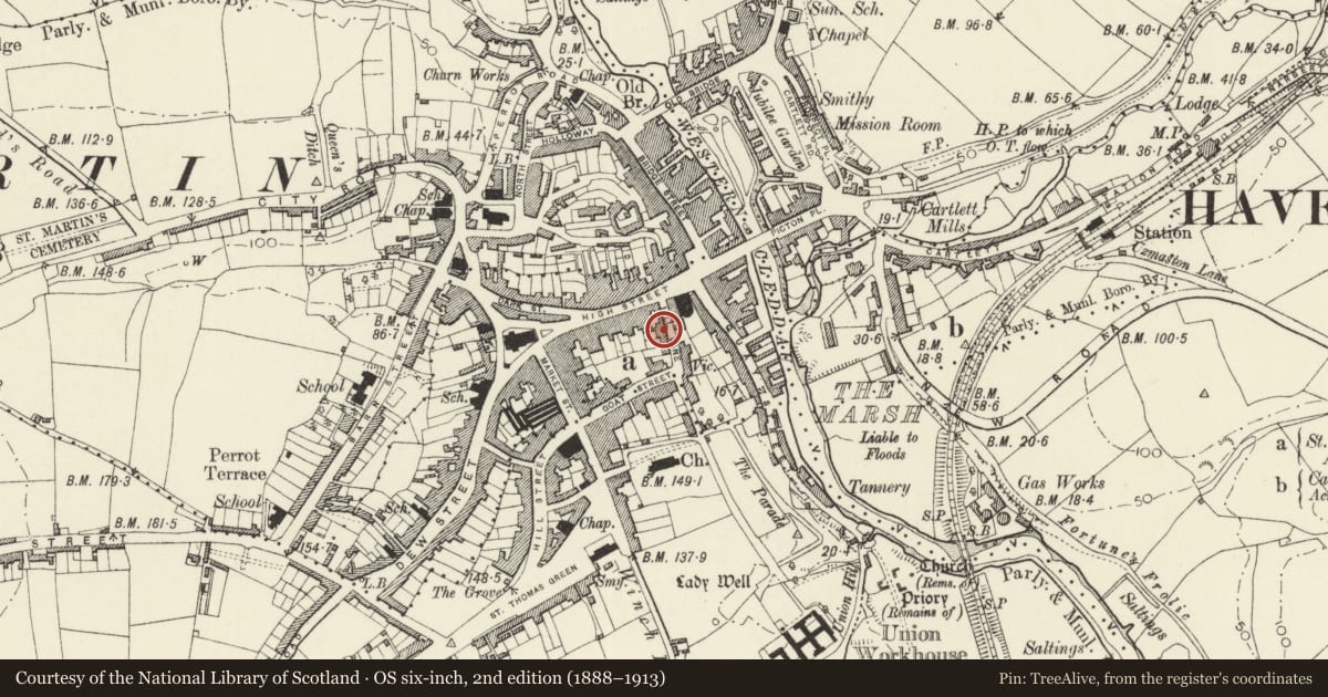 Ordnance Survey six-inch map, 2nd edition (1888–1913) covering the location of No. 22 and archway to left with railings, Haverfordwest, Pembrokeshire, with a pin at the register's coordinates